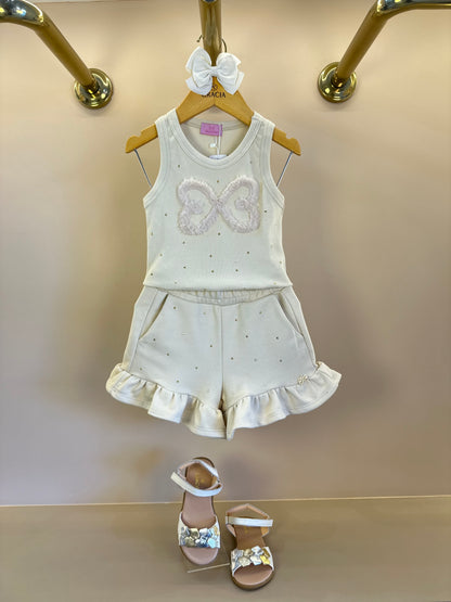 Conjunto Infantil Regata Infinito e Shorts Moletom Babadinho Strass Bege - Luluzinha