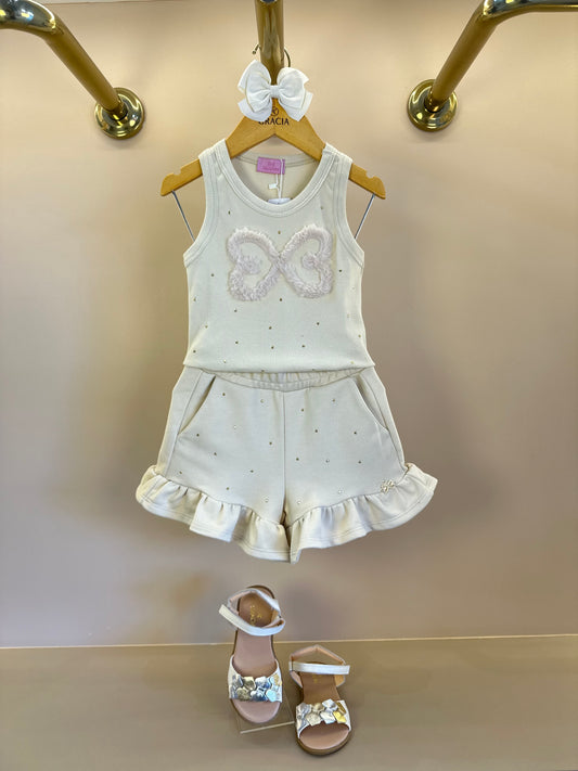 Conjunto Infantil Regata Infinito e Shorts Moletom Babadinho Strass Bege - Luluzinha PRÉ-VENDA