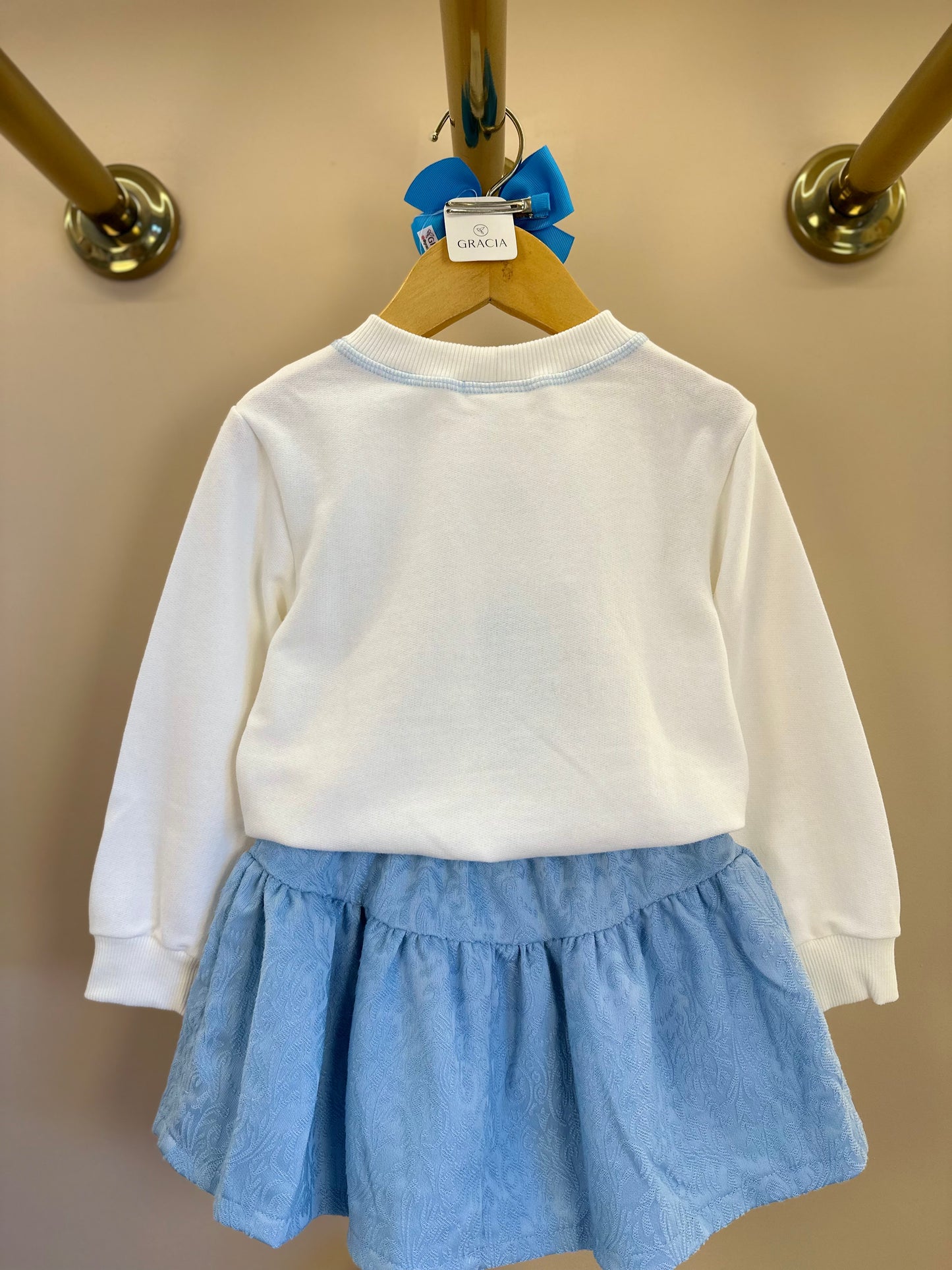 Conjunto Infantil Blusa Moletom ML Bordado e Saia Alfaiataria Jacquard Azul Claro - Beabá
