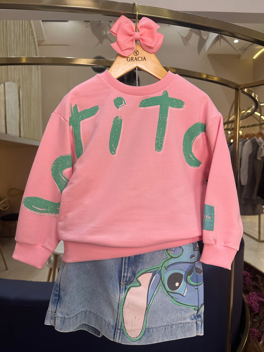 Conjunto Infantil Stitch Blusa Moletom e Shorts-saia Jeans - Animê