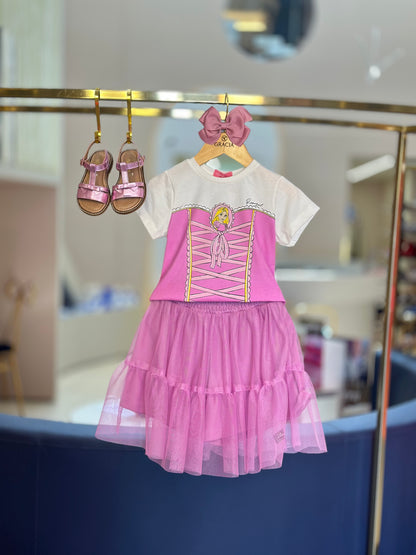 Conjunto Infantil Princesa Rapunzel Blusa e Saia de Tule - Momi