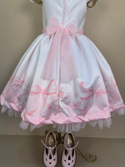 Vestido Infantil Laços e Pérolas Saia Tule Rosa - Petit Cherie