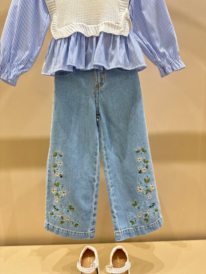 Conjunto Infantil Colete Tricot Off White e Calça Jeans Bordada Flores - Momi