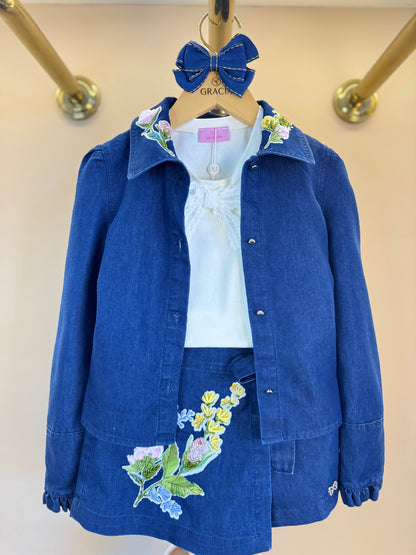 Conjunto Infantil Trio Blusa Gola Laise Removível, Camisa Jeans Leve ML Gola Bordada e Shorts-Saia Jeans Bordada Flores - Luluzinha
