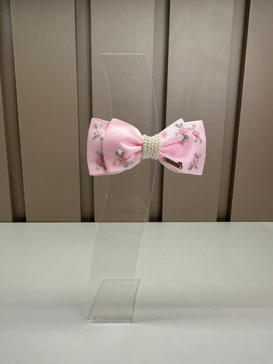 Presilha Infantil Laço Rosa Bordado Flores e Miolo Pérolas- Roana