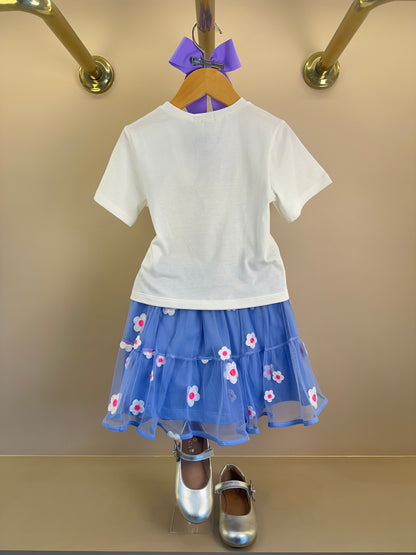 Conjunto Infantil  Blusa Daisy Duck Com Strass Pérola e Saia Tule Bordado Flores Lilás - Momi