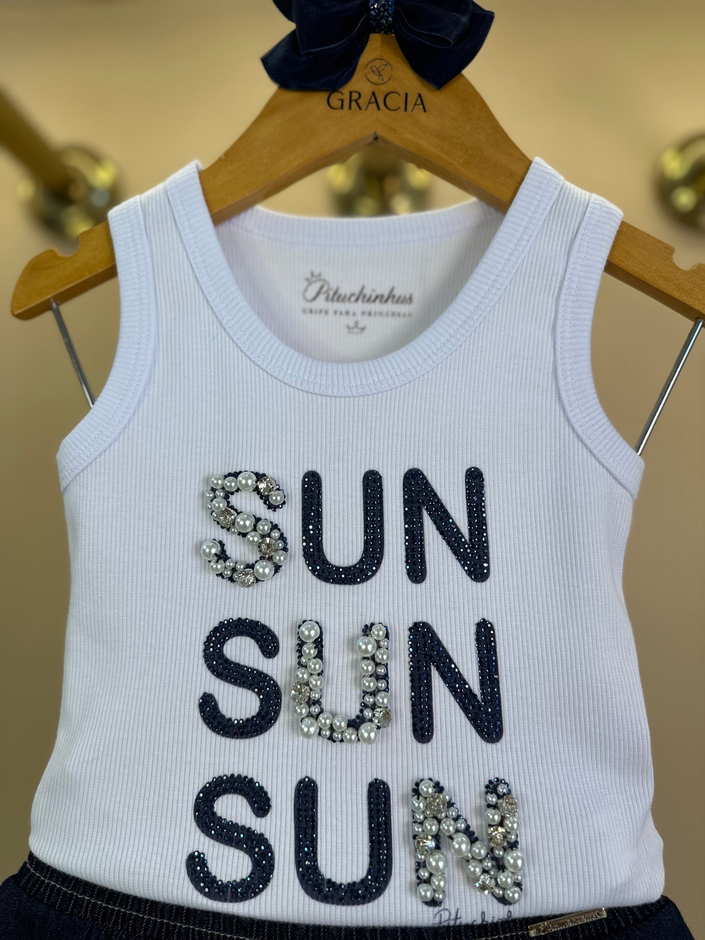 Conjunto Infantil Regata Sun Bordados Saia-shorts Jeans Babados Strass - Pituchinhus