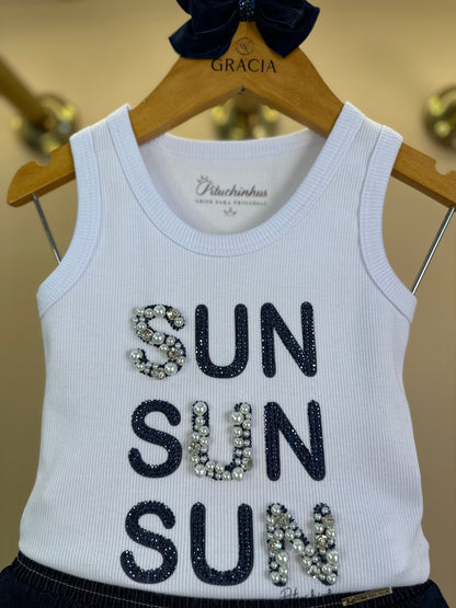 Conjunto Infantil Regata Sun Bordados Saia-shorts Jeans Babados Strass - Pituchinhus