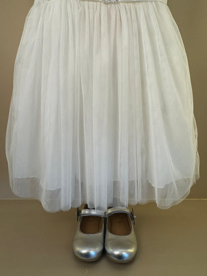 Vestido Infantil Alças Finas Saia Em Tule Off White - Petit Cherie
