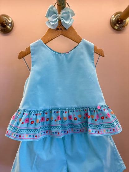 Conjunto Infantil Blusa e Shorts Tricoline Barrado Flores e Corações - Mon Sucré