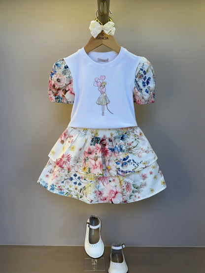 Conjunto Infantil Clássico Blusa Manga Floral e Saia Floral Candy - Um Mais Um