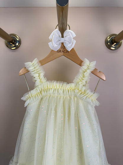 Vestido Infantil Amarelo Strass Brilhante Alças e Barra Em Tule  - Petit Cherie