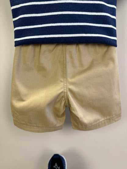 Conjunto Infantil Blusa MC Listrada Azul Marinho e Bermuda Bege - Youccie
