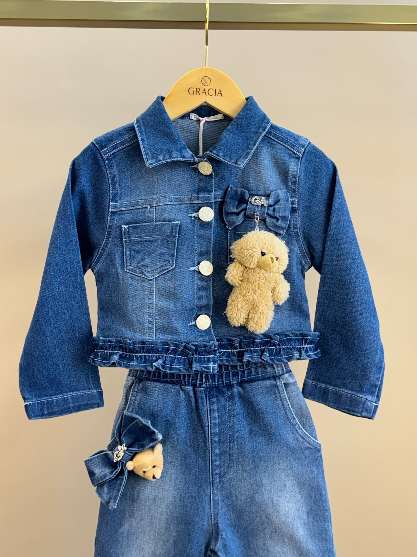 Conjunto Infantil Jaqueta Jeans Ursinho e Calça Jogger Jeans - Gabriela Aquarela