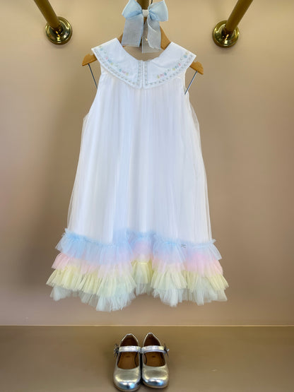 Vestido Infantil Trapézio Tule Colorido e Bordados com Pérolas - Petit Cherie