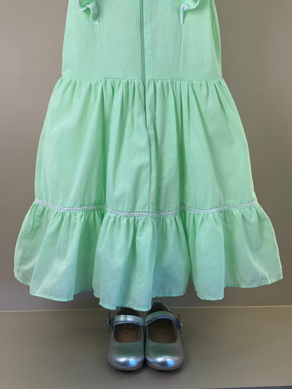 Vestido Infantil Verde Bordado Floral Babados Manga e Laços - Petit Cherie