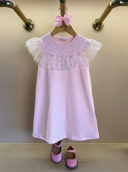 Vestido Infantil Trapézio Bonequinha Tule Bordado Rosa - Petit Cherie