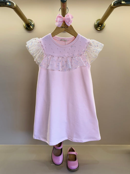 Vestido Infantil Trapézio Bonequinha Tule Bordado Rosa - Petit Cherie