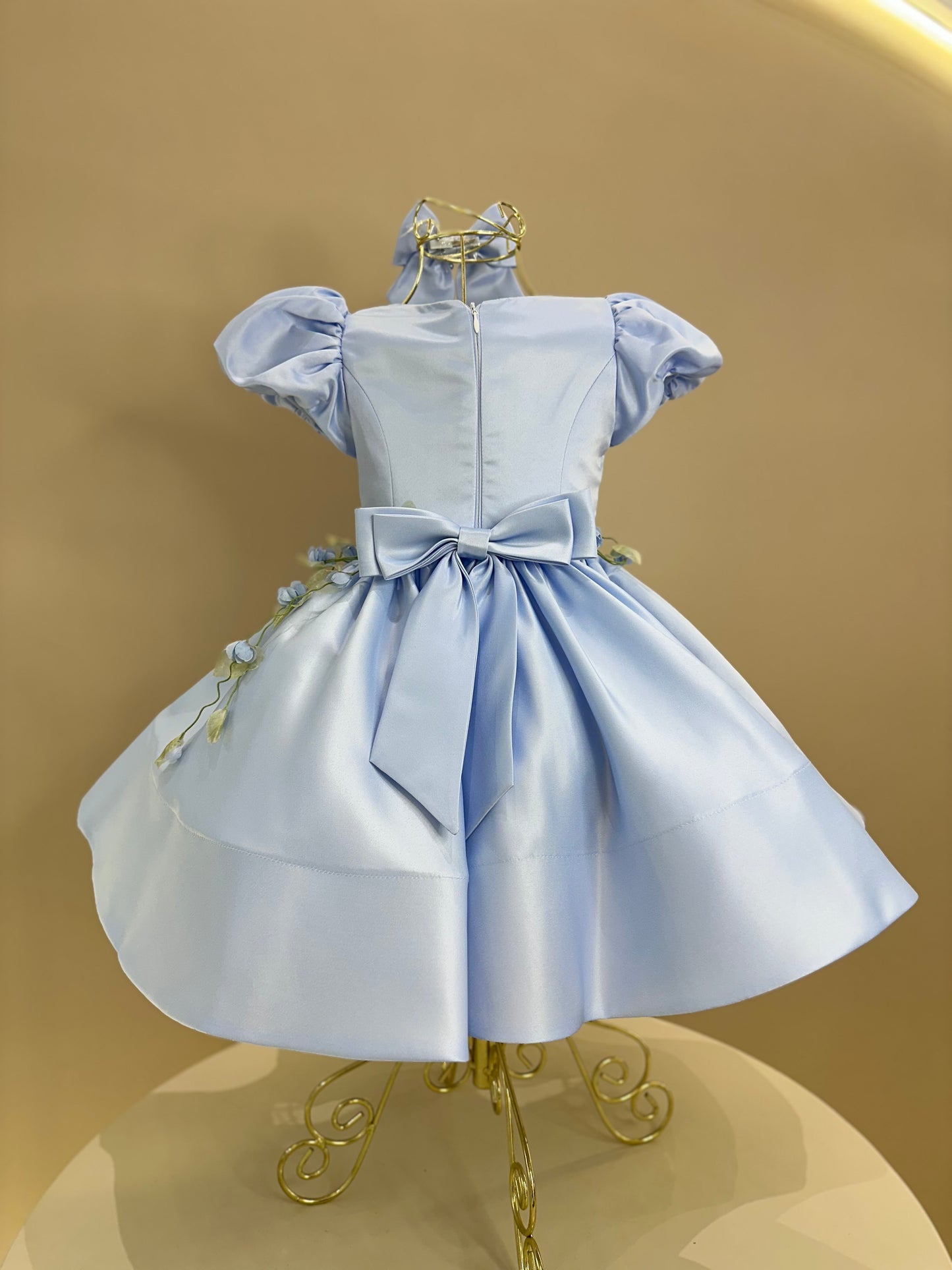 Vestido Infantil Festa Laço Costas e Flores Azul - Mio Bebê