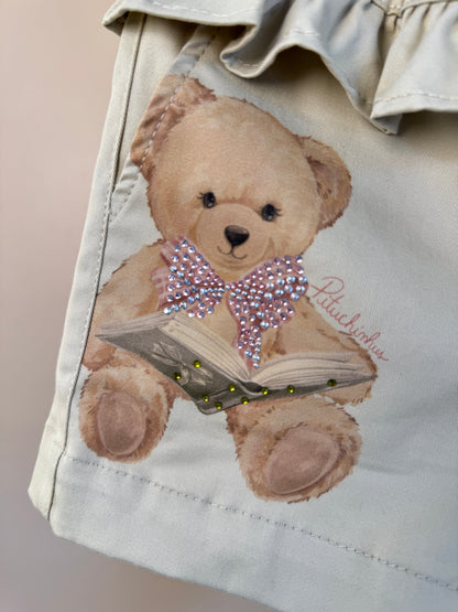 Blusa Infantil Cotton Ursinhas Laços de Cristais e Short Infantil Sarja Babados Ursinhos e Cristais - Pituchinhus