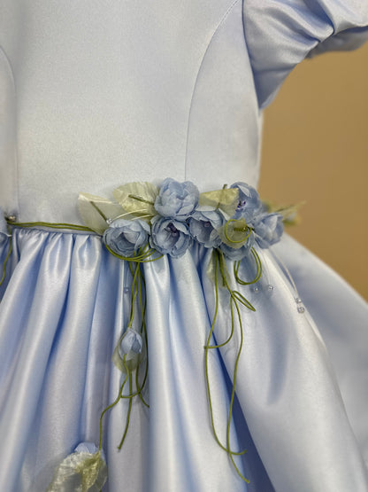 Vestido Infantil Festa Laço Costas e Flores Azul - Mio Bebê