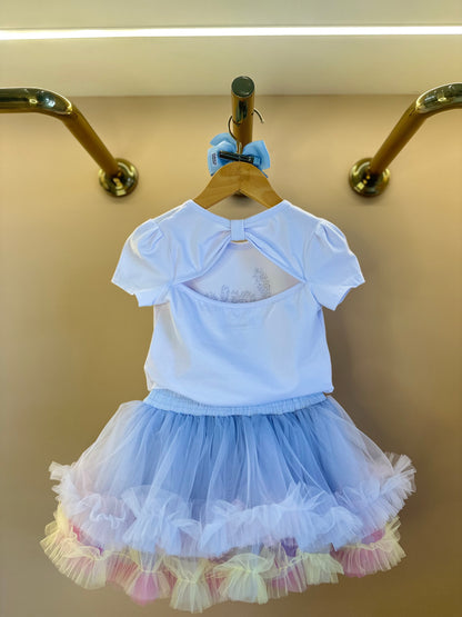 Conjunto Infantil Blusa Algodão Love Floral Cristais e Saia-short Tule Babado Frufru Colorido - Pituchinhus