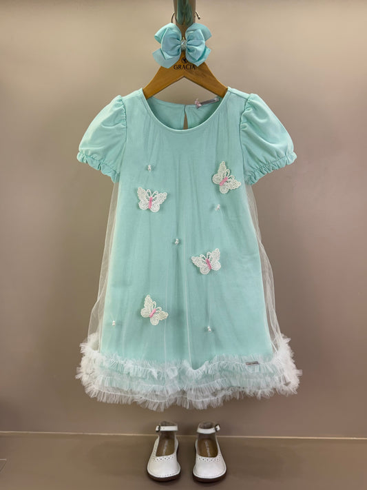 Vestido Infantil Turquesa De Tule Com Borboletas Verde - Gabriela Aquarela