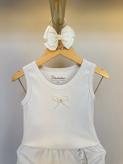 Conjunto Infantil Blusa Lacinho Bordado Bege e Saia-shorts Sarja Babadinho Bege - Pituchinhus