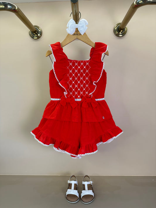 Conjunto Infantil Algodão Bordado Blusa Peplum e Shorts Vermelho - Petit Cherie