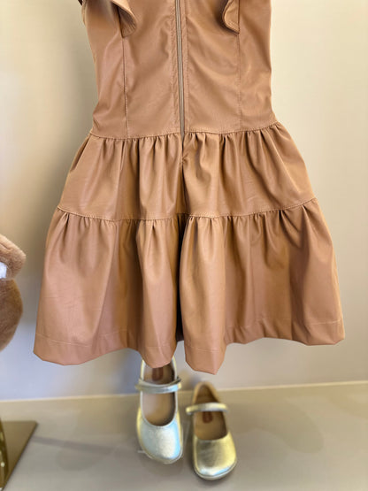 Vestido Infantil Rodado Babadinhos Couro Tech Caramelo - Luluzinha
