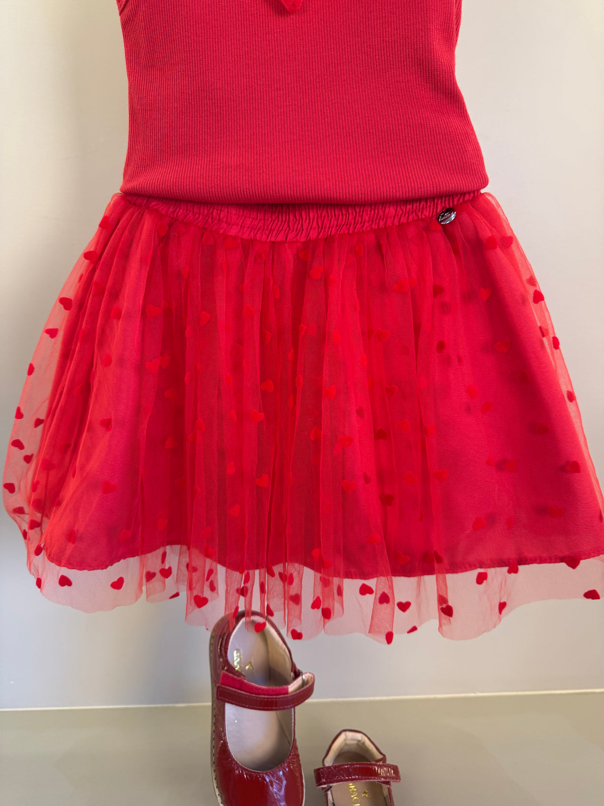 Conjunto Infantil Regata Laço Lateral e Saia Em Tule Flocado Vermelho - Mon Sucre