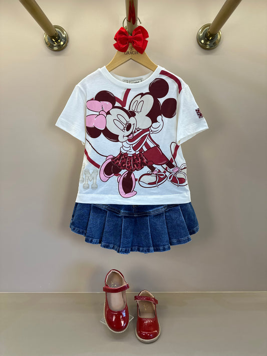Conjunto Infantil Blusa Minnie & Mickey Berry Pérola e Saia-shorts Jeans Pregas - Animê