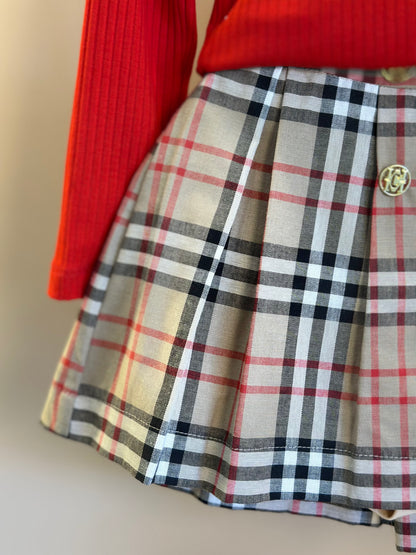 Conjunto Infantil Blusa ML Vermelha e Saia-shorts Alfaiataria Xadrez - Um Mais Um