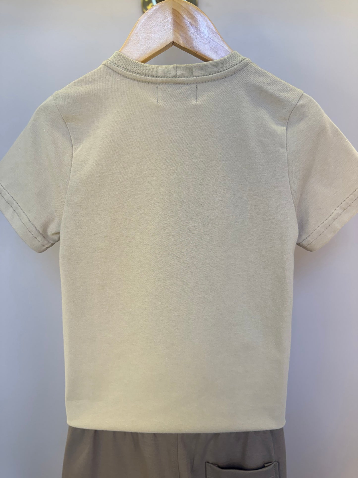 Conjunto Infantil Camiseta Algodão Teddy Summer Bege e Bermuda Suedine Elastano Bolsos - Dame