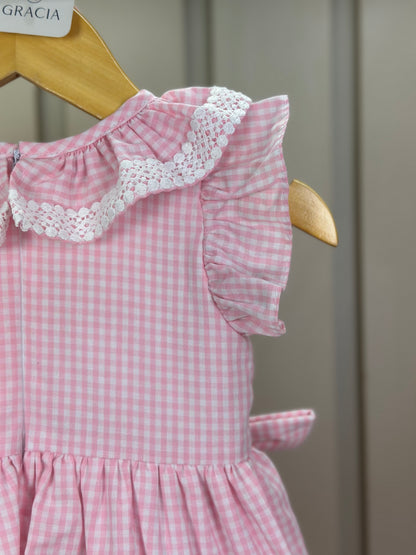Vestido Infantil Clássico Golinha Renda Bordada Babados e Lacinhos Laterais Rosa - Roana