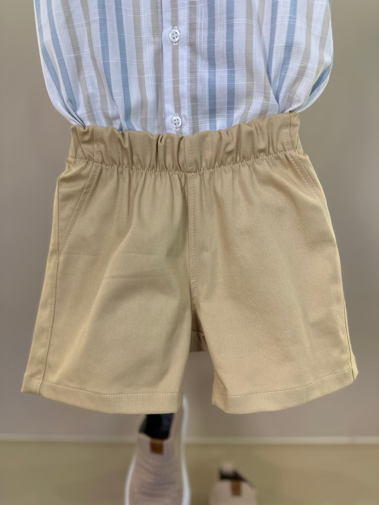 Conjunto Bebê Camisa-body Algodão Listras Azul/Amarelo e Bermuda Social Bege - Dame