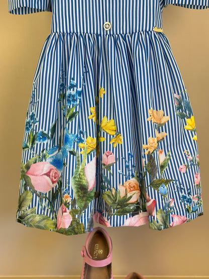 Vestido Infantil Rodado Algodão Listrado Barrado Floral - Luluzinha