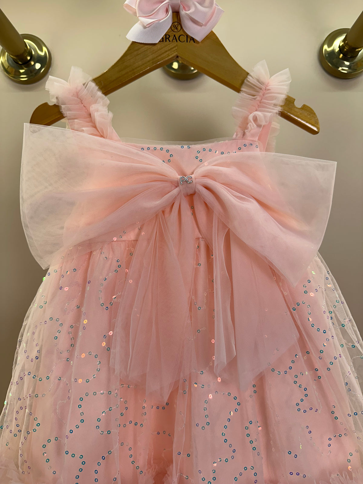 Vestido Infantil Tule Bordado Paêtes Laço Maxxi Rosa - Petit Cherie