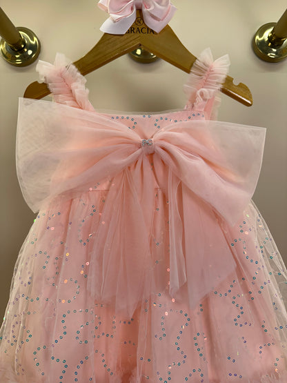 Vestido Infantil Tule Bordado Paêtes Laço Maxxi Rosa - Petit Cherie