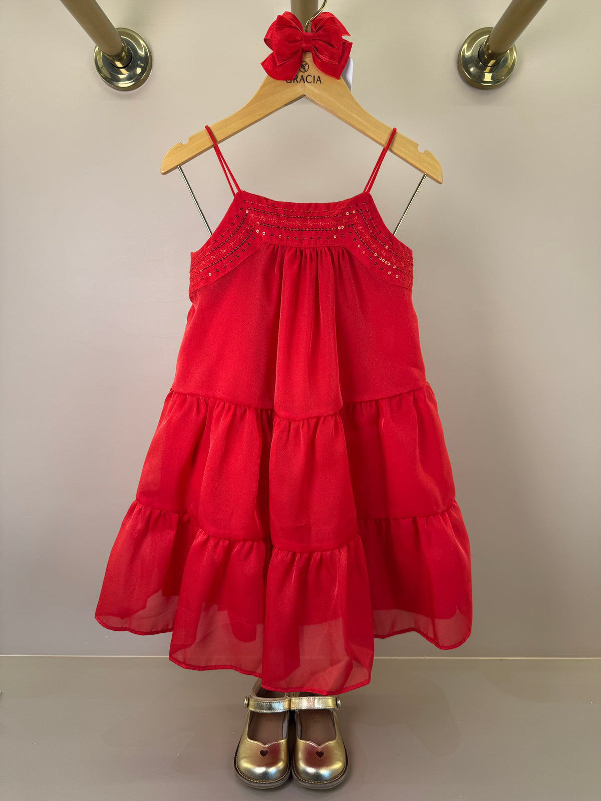 Vestido Infantil Bordado Alça Fina Vermelho - Petit Cherie