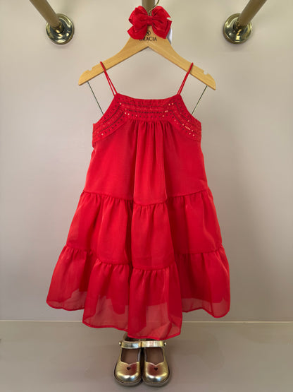 Vestido Infantil Bordado Alça Fina Vermelho - Petit Cherie