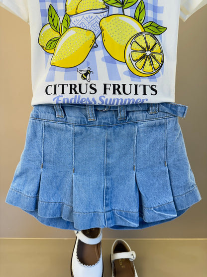 Conjunto Infantil Blusa Limões Com Strass e Shorts Saia Jeans Com Pregas - Momi