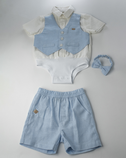 Conjunto Bebê Batizado Camisa-body e Bermuda Linho Misto Azul Claro - Um Mais Um
