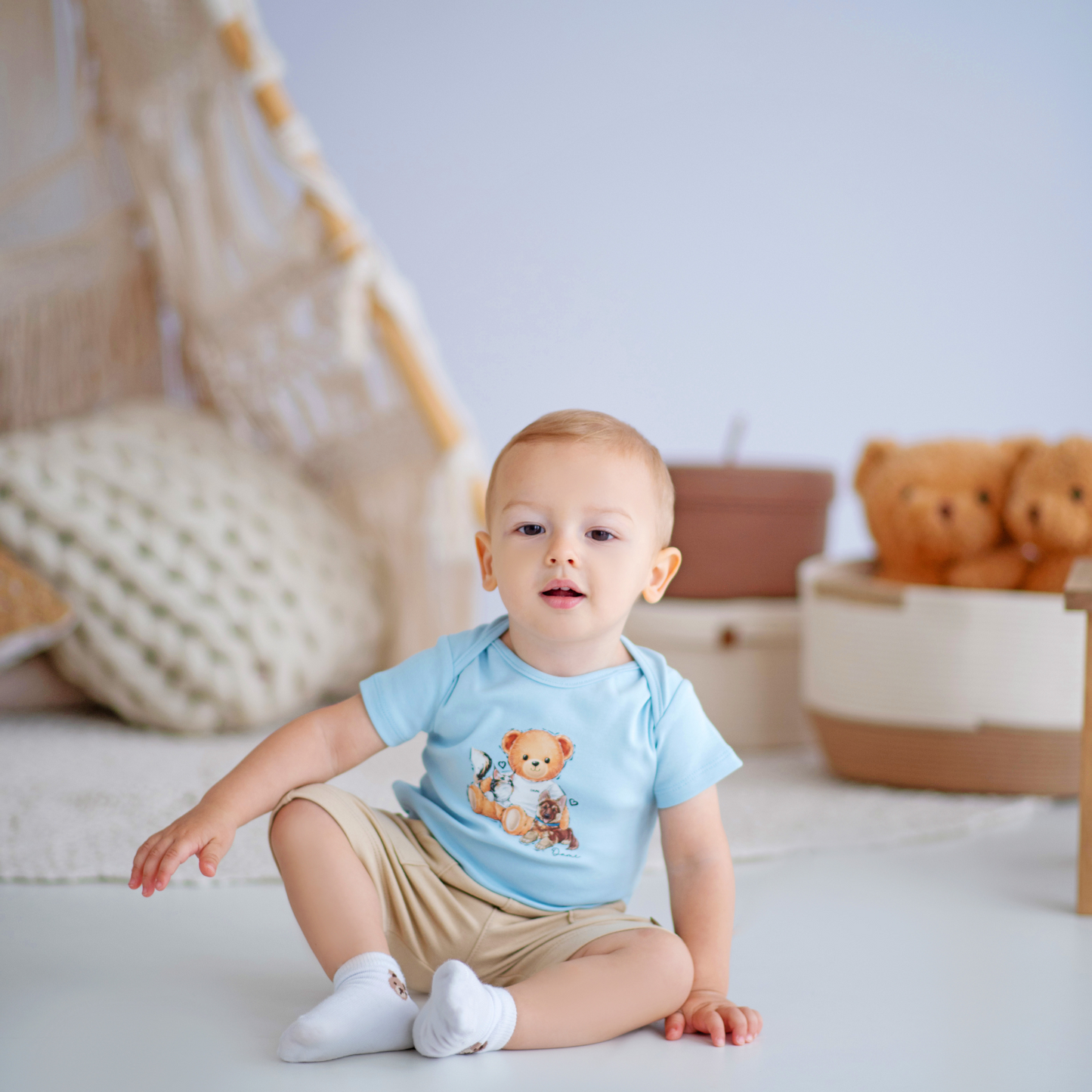 Body Bebê Suedine Algodão Teddy Cachorrinhos Azul - Dame PRÉ-VENDA