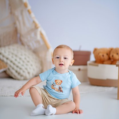 Body Bebê Suedine Algodão Teddy Cachorrinhos Azul - Dame PRÉ-VENDA
