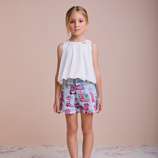 Conjunto Infantil Blusa Balonê e Shorts Jeans Botas - Animê