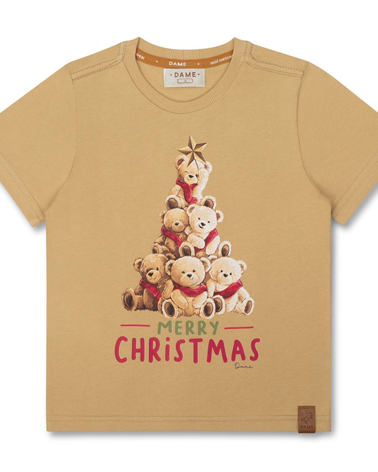 Conjunto Infantil Camiseta Algodão Teddy Natal e Bermuda Moletom Bolso Embutido Chocolate - Dame