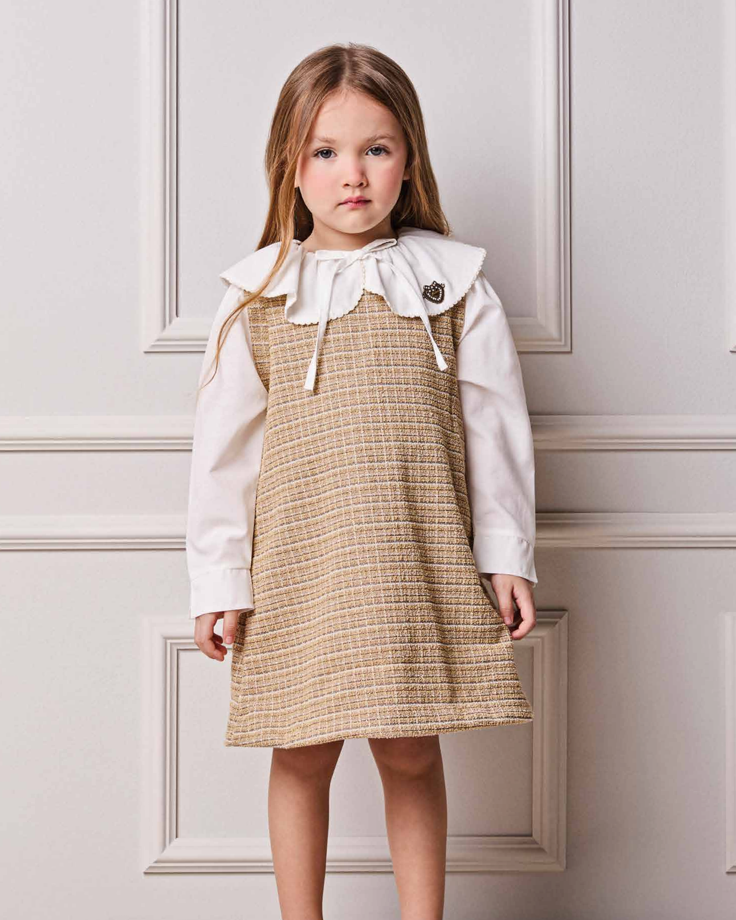 Vestido Infantil no Tweed com Casaco Tweed Bege - Animê