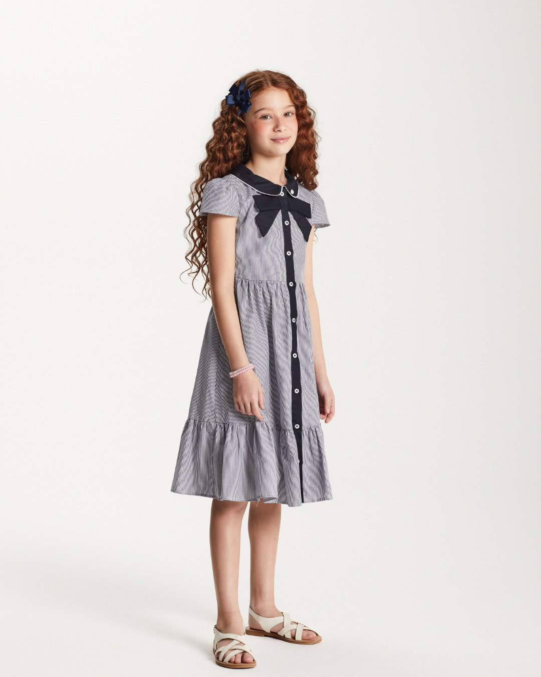 Vestido Infantil  Midi Tricoline Listrado Marinho - Um Mais Um PRÉ-VENDA