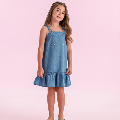 Vestido Infantil Jeans Aplicação Pérolas e Strass - Petit Cherie